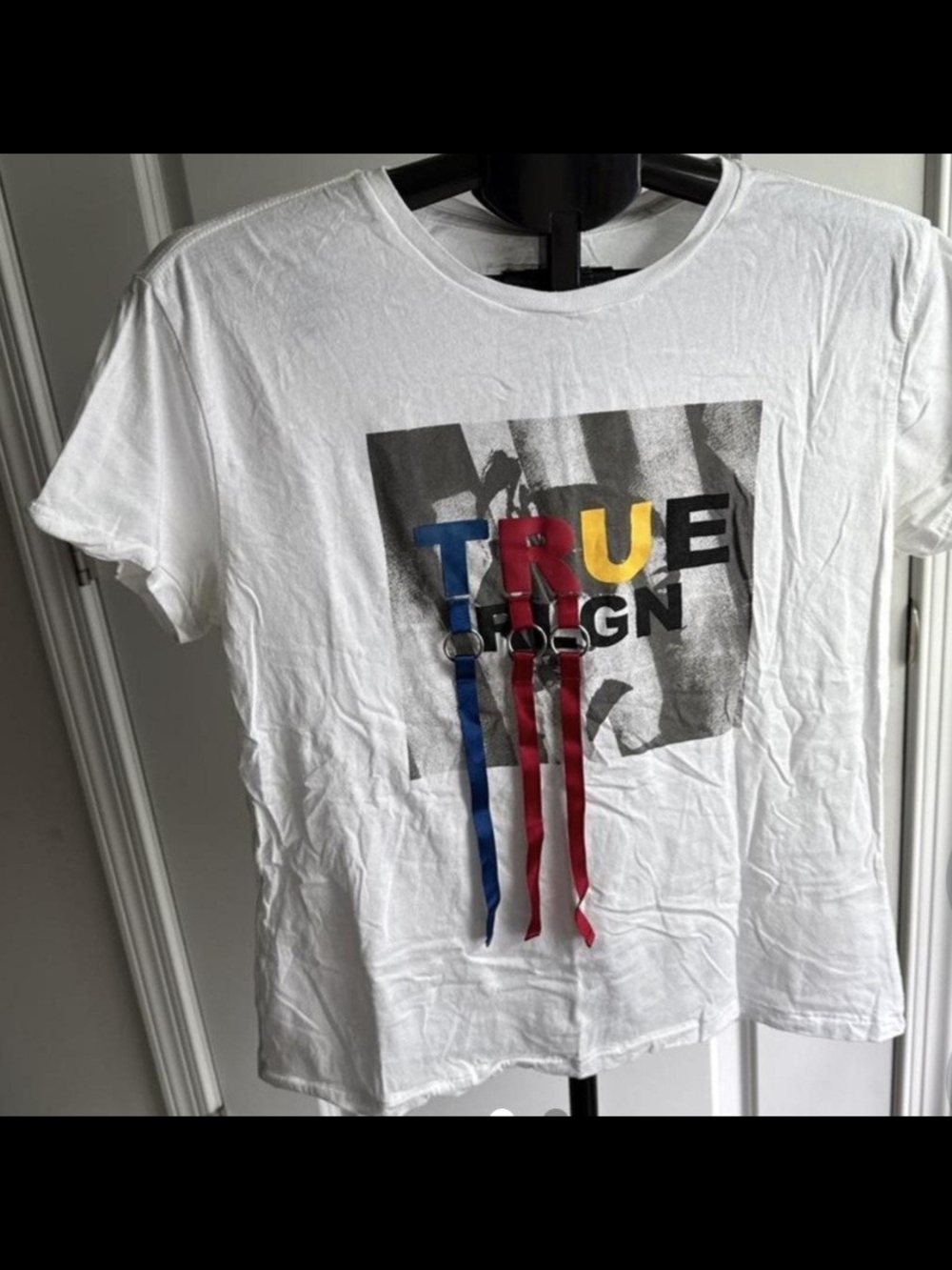 True Religion  printed white tee with colorful ribbon detail